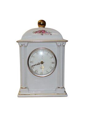 Vtg 1993 Paul Sebastian Porcelain Mantel Clock Floral Accents & 22K Gold Trim